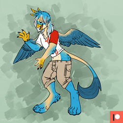 Size: 1500x1500 | Tagged: safe, artist:keetah-spacecat, gallus, anthro, griffon, happy, human to griffon, male, patreon, patreon logo, patreon reward, transformation