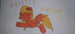Size: 640x294 | Tagged: safe, artist:electric spark, oc, oc only, oc:whistle blossom, pegasus, pony, cute, eyes closed, female, filly, flower, flower in hair, flying, foal, grin, pegasus oc, simple background, smiling, teenager, text, traditional art, whistlebetes, white background, wings