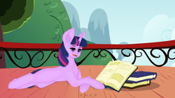 Size: 3840x2160 | Tagged: safe, artist:rise_of_evil_69, twilight sparkle, unicorn twilight, pony, unicorn, balcony, book, ear fluff, ears, eye, eyes, female, golden oaks library, hooves, looking at you, mare, nature, open mouth, sky, smiling, smiling at you, solo, tree