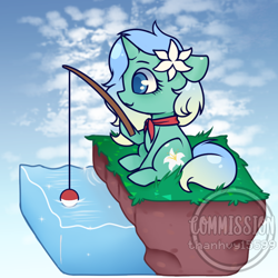 Size: 780x780 | Tagged: safe, artist:thanhvy15599, oc, oc only, oc:lily pond, pony, unicorn, chibi, commission, female, fishing, fishing rod, flower, flower in hair, mare, solo, ych result