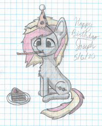 Size: 2617x3235 | Tagged: safe, artist:mlplayer dudez, oc, oc only, oc:solder point, earth pony, pony, birthday, cake, cel shading, chest fluff, cute, cutie mark, ear fluff, food, graph paper, happy, happy birthday, hat, leg fluff, noisemaker, party, party hat, shading, signature, sitting, solo, traditional art