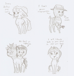 Size: 891x924 | Tagged: safe, artist:ravenpuff, sea swirl, seafoam, oc, oc:atjour service, earth pony, pony, unicorn, a nightmare on elm street, bandage, chibi, clothes, conjoined, conjoined twins, dialogue, earth pony oc, female, floppy ears, freddy krueger, grayscale, hat, lineart, male, mare, metal claws, monochrome, ponified, stallion, traditional art