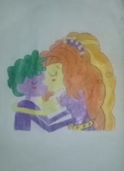 Size: 1754x2421 | Tagged: artist needed, safe, adagio dazzle, spike, equestria girls, adagiospike, hug, human spike, kissing, traditional art