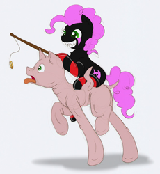Size: 660x718 | Tagged: safe, artist:ravenpuff, oc, oc only, oc:butters, oc:pinkie tai, oc:sir reginald butterscop pendragon iv jr., earth pony, pony, bald, earth pony oc, female, fishing rod, lure, male, mare, ponies riding ponies, riding, ring, sharp teeth, smiling, stallion, teeth, tongue out
