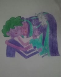 Size: 1967x2482 | Tagged: artist needed, safe, aria blaze, spike, equestria girls, ariaspike, blushing, hug, human spike, kissing, traditional art