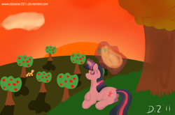 Size: 1640x1080 | Tagged: safe, artist:dizaster321, derpibooru import, applejack, twilight sparkle, earth pony, pony, unicorn, 2011, apple, apple tree, applejack's hat, cowboy hat, hat, hat thief, levitation, magic, sitting, sunset, sweet apple acres, telekinesis, tree