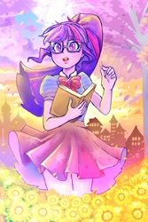 Size: 1000x1500 | Tagged: safe, artist:hobilo, derpibooru import, sci-twi, twilight sparkle, better together, equestria girls, book, building, cherry blossoms, colored pupils, cute, female, flower, flower blossom, open mouth, solo, spring, tree, twiabetes