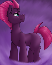 Size: 740x920 | Tagged: safe, artist:llametsul, tempest shadow, pony, unicorn, broken horn, chest fluff, ear fluff, eye scar, eyeshadow, female, horn, lidded eyes, looking up, makeup, mare, missing cutie mark, raised hoof, scar, signature, solo