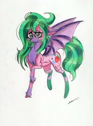 Size: 1280x1733 | Tagged: safe, artist:luxiwind, oc, oc:fraise, bat pony, bat pony oc, bat wings, clothes, cute, female, high res, silver eyes, socking, socks, solo, traditional art, wings