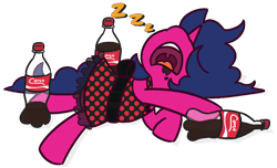 Size: 1400x850 | Tagged: safe, artist:threetwotwo32232, oc, oc only, oc:fizzy pop, clothes, coke, dress, onomatopoeia, simple background, sleeping, snoring, soda, solo, sound effects, transparent background, zzz