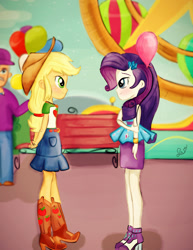 Size: 1484x1920 | Tagged: safe, artist:samyvillaly, applejack, rarity, better together, equestria girls, rollercoaster of friendship, balloon, equestria land, female, lesbian, rarijack, shipping