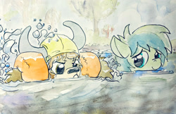 Size: 2000x1295 | Tagged: safe, artist:mandumustbasukanemen, sandbar, yona, earth pony, pony, yak, atg 2020, cute, duo, female, male, newbie artist training grounds, sandabetes, smiling, splashing, stallion, swimming, traditional art, water wings, watercolor painting, yonadorable