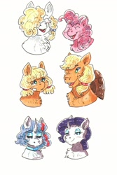 Size: 1205x1803 | Tagged: safe, artist:milkyguro, derpibooru import, applejack, applejack (g1), pinkie pie, rarity, sparkler (g1), surprise, earth pony, pony, unicorn, g1, bust, generational ponidox, hat, portrait