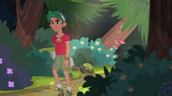 Size: 1100x618 | Tagged: safe, screencap, timber spruce, equestria girls, legend of everfree, boots, camp everfree logo, camp everfree outfits, cargo shorts, clothes, green eyes, legs, male, shirt, shoes, shorts, socks, t-shirt