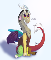 Size: 2000x2350 | Tagged: safe, artist:diamond06mlp, discord, draconequus, :p, chest fluff, cloven hooves, colored hooves, cute, dialogue, discute, floppy ears, innocent, leg fluff, male, neck fluff, puppy dog eyes, shadow, signature, simple background, smiling, solo, tongue out, unshorn fetlocks, white background