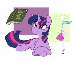 Size: 1628x1335 | Tagged: safe, artist:ayvie-art, derpibooru import, twilight sparkle, unicorn twilight, pony, unicorn, abstract background, alchemy, book, cute, eye clipping through hair, eyebrows visible through hair, female, flask, mare, prone, purple smart, science, solo, spellbook, test tube, twiabetes, vulgar