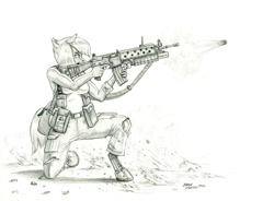 Size: 1400x1028 | Tagged: safe, artist:baron engel, limestone pie, anthro, earth pony, pony, unguligrade anthro, ar-18, assault rifle, grenade, grenade launcher, gun, m203, monochrome, pencil drawing, rifle, solo, story included, traditional art, weapon