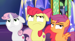 Size: 1631x886 | Tagged: safe, screencap, apple bloom, scootaloo, sweetie belle, pony, growing up is hard to do, apple bloom is not amused, cropped, cutie mark crusaders, floppy ears, scootaloo is not amused, sweetie belle is not amused, trio, unamused