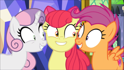 Size: 1669x939 | Tagged: safe, screencap, apple bloom, scootaloo, sweetie belle, pony, growing up is hard to do, adorabloom, cropped, cute, cutealoo, cutie mark crusaders, diasweetes, excited, older, older apple bloom, older cmc, older scootaloo, older sweetie belle, shrunken pupils, smiling, trio