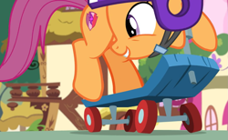 Size: 1407x866 | Tagged: safe, screencap, scootaloo, pony, growing up is hard to do, cropped, helmet, older, older scootaloo, scooter, smiling, solo