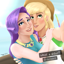 Size: 1707x1707 | Tagged: safe, artist:treblesketchofficial, applejack, rarity, human, better together, equestria girls, rollercoaster of friendship, female, geode of shielding, geode of super strength, human coloration, lesbian, magical geodes, rarijack, selfie, shipping