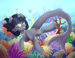 Size: 3900x3000 | Tagged: safe, artist:agnes_ra1, hybrid, pony, bubble, commission, curved horn, fangs, fins, fish tail, fluffy, grin, half-siren, horn, jewelry, kellin quinn, looking at you, male, necklace, ocean, ponified, scales, sleeping with sirens, slit eyes, smiling, solo, swimming, underwater, water, ych result