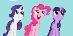 Size: 1491x746 | Tagged: safe, derpibooru import, screencap, pinkie pie, rarity, twilight sparkle, unicorn twilight, earth pony, pony, unicorn, read it and weep, cropped, cute