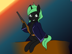 Size: 4096x3072 | Tagged: safe, artist:sovietpony, artist:terminalhash, oc, oc:terminalhash, clothes, double-barrel shotgun, obsidian-armor, solo, weapon