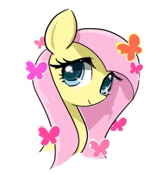 Size: 741x814 | Tagged: safe, artist:tomizawa96, derpibooru import, fluttershy, butterfly, pegasus, pony, bust, colored pupils, cute, female, looking at you, mare, portrait, shyabetes, simple background, solo, white background