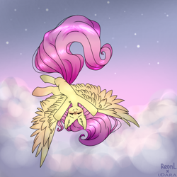 Size: 1200x1200 | Tagged: safe, artist:reonletaviio, derpibooru import, fluttershy, pegasus, pony, cloud, evening, eyes closed, flying, spread wings, stars, wings