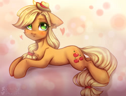 Size: 2600x2000 | Tagged: safe, artist:zefirka, derpibooru import, applejack, earth pony, pony, :<, cheek fluff, chest fluff, cute, ear fluff, female, hat, heart, high res, jackabetes, looking at you, mare, prone, solo
