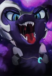 Size: 1024x1502 | Tagged: safe, artist:hierozaki, nightmare moon, alicorn, drool, fangs, mawshot, open mouth