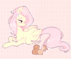 Size: 939x775 | Tagged: safe, alternate version, artist:yumocloudyy, derpibooru import, fluttershy, pegasus, pony, squirrel, chest fluff, colored hooves, cute, female, flower, flower in hair, leg fluff, mare, pink background, profile, prone, shyabetes, simple background, solo