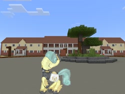 Size: 2048x1536 | Tagged: safe, artist:topsangtheman, cinnabar, golden hooves, quicksilver, crystal pony, pony, topsangtheman's minecraft server, eyes closed, gameloft, house, minecraft, photoshopped into minecraft, pose, raised hoof, roundabout, tree