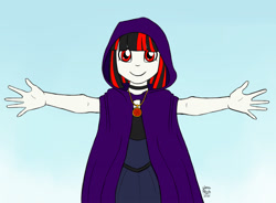 Size: 1500x1105 | Tagged: safe, artist:vetrina-271, oc, oc:raven moon, human, monster girl, vampire, equestria girls, arms wide open, black dress, blue background, cloak, clothes, dress, female, gold, goth, hug, jewelry, pendant, purple, red eyes, ruby, simple background, white skin