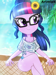 Size: 1536x2048 | Tagged: safe, artist:artmlpk, derpibooru import, sci-twi, twilight sparkle, equestria girls, adorkable, beach, beautiful, bikini, clothes, cute, digital art, dork, flower, flower in hair, glasses, hammock, looking over shoulder, palm tree, ponytail, sitting, smiling, solo, swimsuit, tree, twiabetes, vacation, water