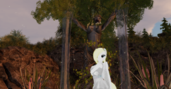 Size: 1920x1001 | Tagged: safe, oc, oc:solari melody, anthro, clothes, dress, forest, second life, solo, statue, tree