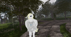 Size: 1920x1001 | Tagged: safe, oc, oc:solari melody, anthro, blonde mane, clothes, dress, forest, knee high socks, pathway, second life, socks