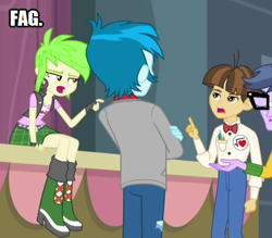 Size: 442x388 | Tagged: safe, edit, edited screencap, screencap, cherry crash, microchips, equestria girls, rainbow rocks, cropped, female, homophobia, vulgar