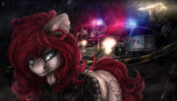 Size: 1237x704 | Tagged: safe, artist:raychelrage, oc, earth pony, city, lightning, police car, police tape, rain