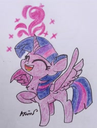 Size: 2799x3674 | Tagged: safe, artist:c.a.m.e.l.l.i.a, derpibooru import, twilight sparkle, twilight sparkle (alicorn), alicorn, pony, cute, eyes closed, female, hoof on chest, magic, open mouth, simple background, solo, spread wings, traditional art, twiabetes, wings