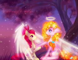 Size: 1800x1400 | Tagged: safe, artist:ashleycl, apple bloom, pear butter, angel, earth pony, pony, angelic wings, bittersweet, chest fluff, crying, duo, female, filly, floppy ears, halo, intertwined trees, mare, mother and child, mother and daughter, parent and child, tree, wings