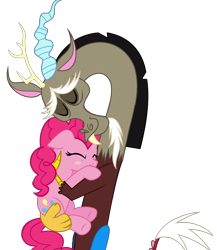 Size: 1760x2030 | Tagged: safe, artist:moonlightthegriffon, derpibooru import, discord, pinkie pie, earth pony, pony, discopie, female, hug, male, shipping, simple background, straight, transparent background