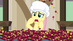 Size: 1920x1080 | Tagged: safe, derpibooru import, screencap, fluttershy, pegasus, pony, the last roundup, cherry, food, solo