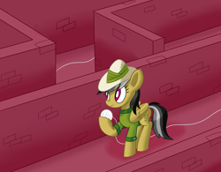 Size: 1920x1500 | Tagged: safe, artist:notadeliciouspotato, daring do, pegasus, pony, ariadne's thread, atg 2020, clothes, female, folded wings, frown, hat, hoof hold, labyrinth, looking up, mare, maze, newbie artist training grounds, raised hoof, solo, wings, yarn