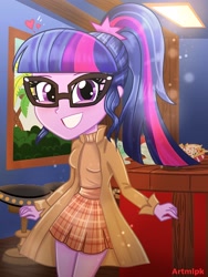 Size: 1536x2048 | Tagged: safe, artist:artmlpk, derpibooru import, sci-twi, twilight sparkle, equestria girls, adorable face, adorkable, beautiful, blushing, clothes, coat, cute, design, digital art, dork, looking at you, outfit, plaid, plaid skirt, shirt, smiley face, smiling, smiling at you, solo, sweater, turtleneck, twiabetes