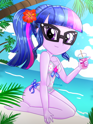 Size: 1800x2400 | Tagged: safe, artist:artmlpk, derpibooru import, sci-twi, twilight sparkle, equestria girls, adorable face, adorasexy, adorkable, alternate hairstyle, barefoot, beach, beautiful, clothes, cute, digital art, dork, feet, female, flower, flower in hair, looking at you, one-piece swimsuit, palm tree, plant, ponytail, sexy, sitting, sleeveless, smiling, smiling at you, smoothie, solo, swimsuit, tree, twiabetes, water, watermark