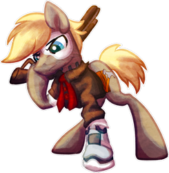 Size: 1024x1047 | Tagged: safe, artist:amura-of-jupiter, oc, oc only, oc:maple wood, oc:maplewood, cyborg, earth pony, pony, amputee, bioshock, bioshock infinite, blonde, blonde mane, blonde tail, blue eyes, buttons, clothes, commission, crossover, cutie mark, eyes open, frown, gun, hammer, hoof hold, jacket, leather jacket, looking down, male, mask, necktie, pouting, prosthetic eye, prosthetic leg, prosthetic limb, prosthetics, raised hoof, robotic, robotic legs, short tail, shotgun, simple background, sneer, solo, stallion, standing, transparent background, upset, video game crossover, weapon, wood