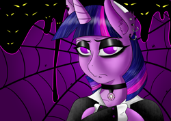 Size: 3541x2508 | Tagged: safe, artist:flaxen's art corner, derpibooru import, twilight sparkle, alicorn, spider, angry, dark, glowing eyes, golden eyes, goth, gothic, spider web