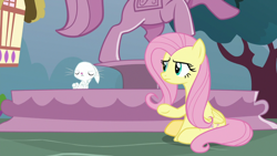 Size: 1920x1080 | Tagged: safe, derpibooru import, screencap, angel bunny, fluttershy, pegasus, pony, rabbit, she talks to angel, animal, eyes closed, female, fountain, male, mare, sitting, statue